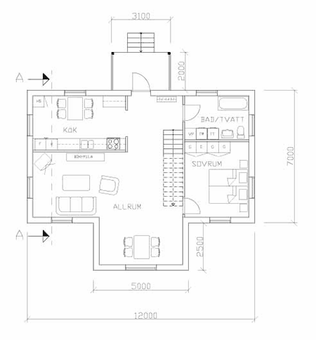 Planlösning i bottenplan med kök, allrum, sovrum och badrum.