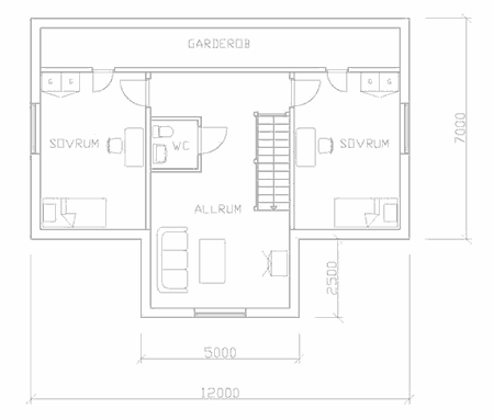 Planlösning övre plan med allrum, två sovrum och WC.